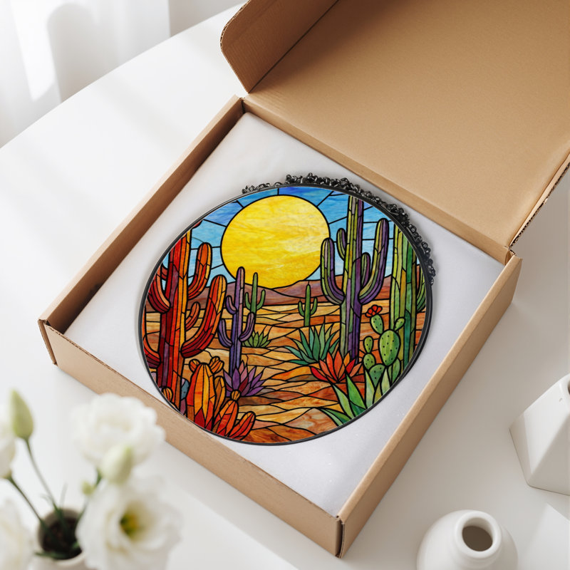 7.8"H Desert Cactus Stained Glass Window Panel, 7.8" H x 7.8" W