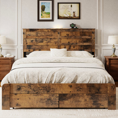 Queen Size Bed Frame With 2 Storage Drawers And Ports, Wooden Platform Headboard Charging Station, Metal Slat Support, Dark Brown, Noise , No Box Spring Needed, Easy Assembly Function, Black Frame,