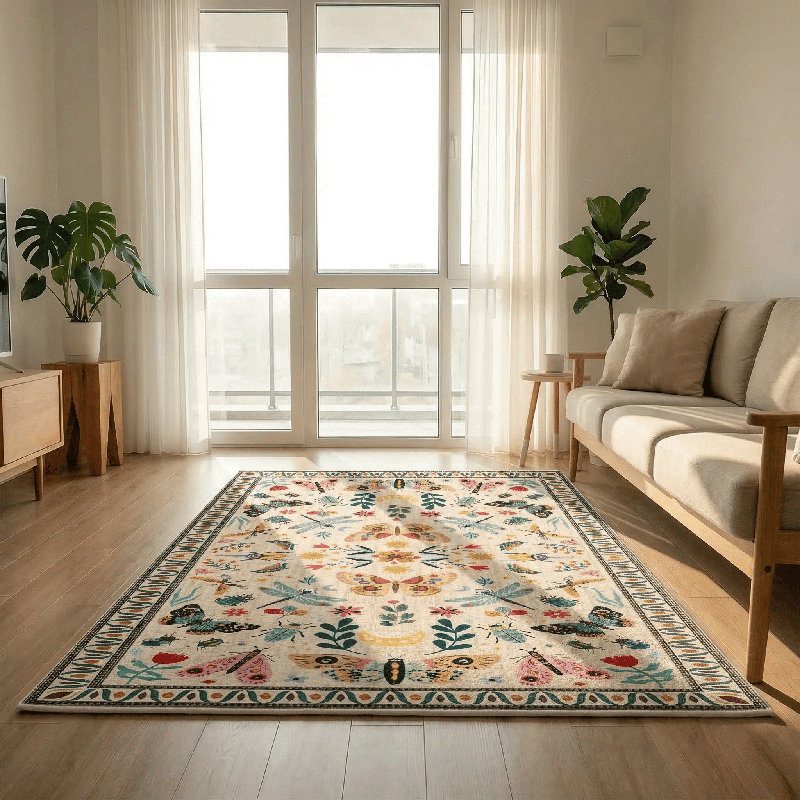 Beige Butterfly Insect Area Rug 5x7 Machine Washable with Non-Slip Backing for Bedroom Living Room, Beige