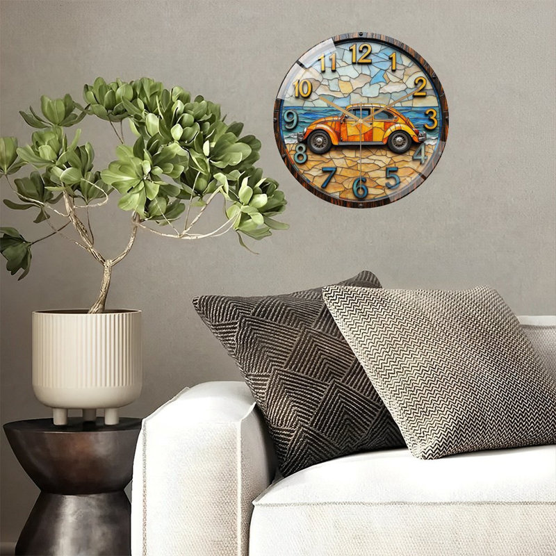 Vintage Car Wall Clock Stained Glass Art Decor Art - 12'' Modern Glass Wall Clock