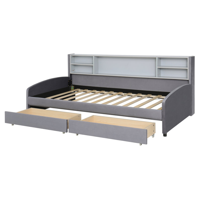 Lit plateforme simple tapissier avec rangement et tiroirs, gris, Gris