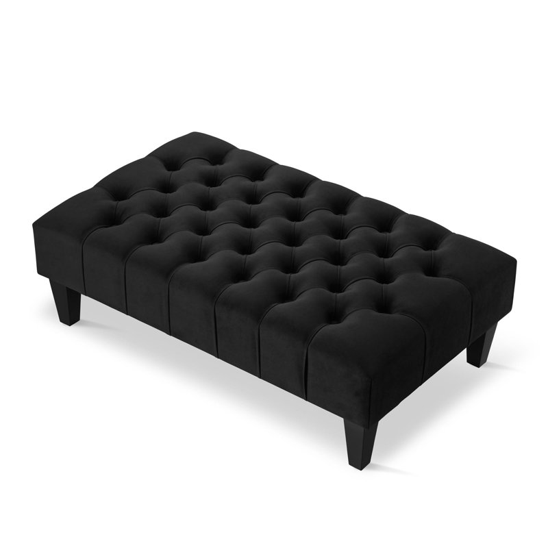 Ainura 80cm Wide Velvet Tufted Rectangle Solid Colour Cocktail Ottoman, Black, Black