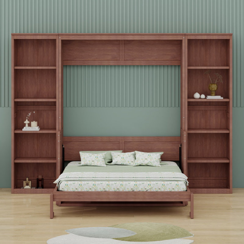 Lit escamotable avec bureau et bibliothèque Murphy, Lit double, Marron foncé