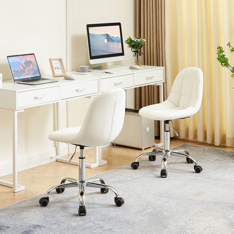 Modern Upholstered Armless Office Chair With Wheels, Adjustable Height Mid-Back Swivel Desk Chair, White