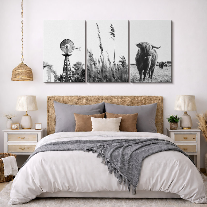 Highland Cow Country, photographie de paysage de campagne rustique moderne, impression numérique sur toile giclée sur toile