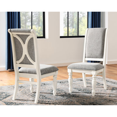 Ensemble de 2 chaises de salle à manger - Bois blanc antique, revêtement gris, rembourrage en mousse confortable, pattes de style français, dossier haut et arrondi pour un confort optimal