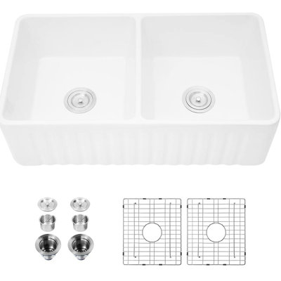 Évier de cuisine en céramique blanche - l 17,71 po x H 9,9 po x P 32,09 po, 93 lb, encastré, rayé et teint, style D H, finition glacis