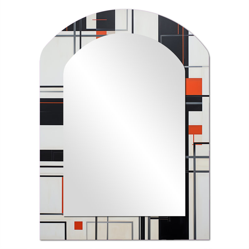 Modernist Red Deconstructed Cubes - Geometric Asymmetrical Unique Wall Mirror, Modern Arch Mirror, Printed Metal Art