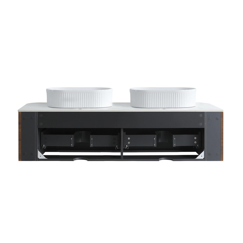 Meuble-lavabo double en céramique, Noyer, 60" W