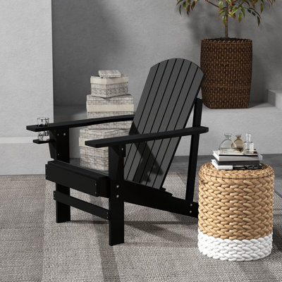 Chaise de jardin noire avec porte-gobelet pour foyer, bois, météo, patio, terrasse, cour arrière, noir, jardin, foyer