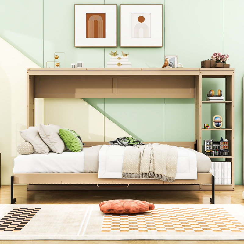 Lit escamotable en bois avec bibliothèque, Naturel, Double