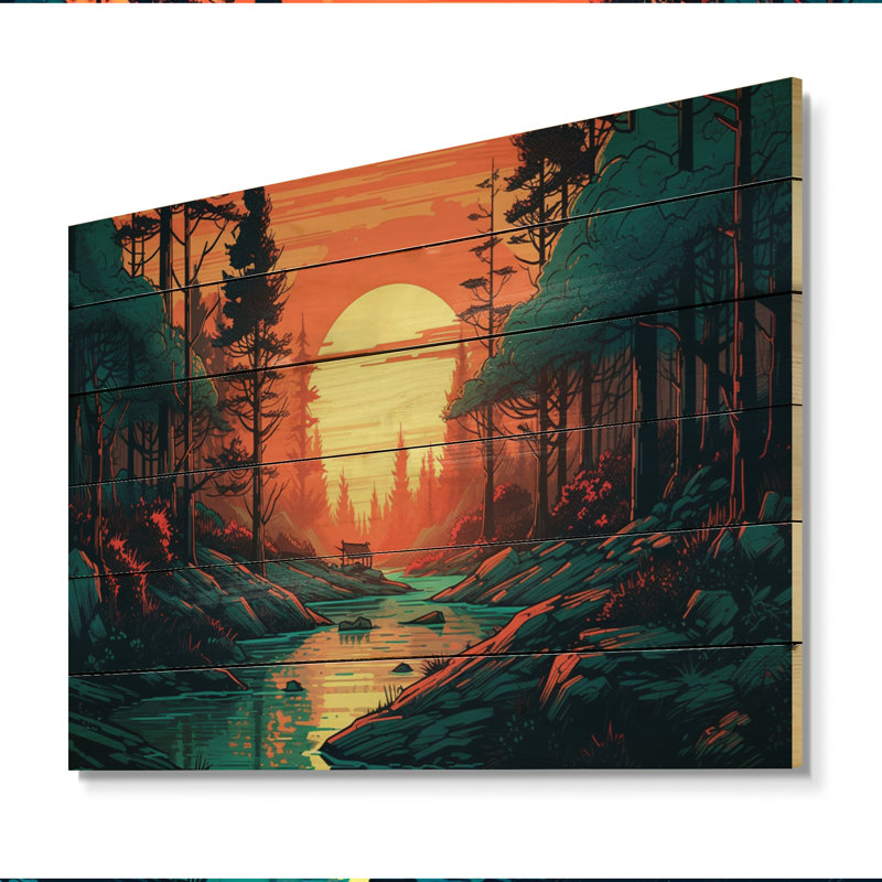 Magnifique soleil couchant sur des arbres III - Paysage imprimé sur bois de pin naturel, H 10 po x l 20 po x P 0,78 po