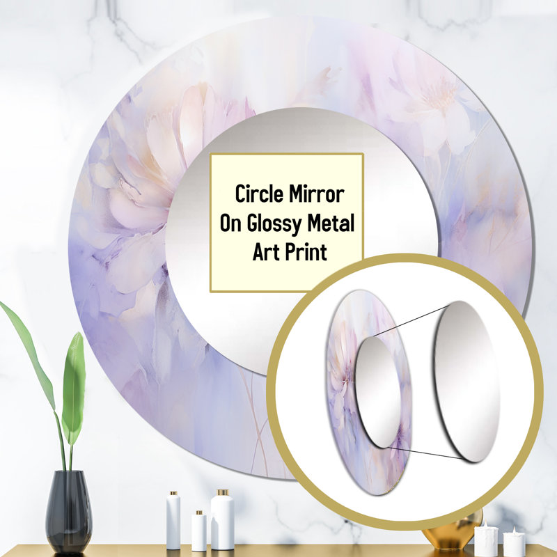 Quatina Purple Botanical Whispers II - Botanicals Wall Mirror, Modern Round Decorative Mirror, Printed Metal Art, 36" x 36"