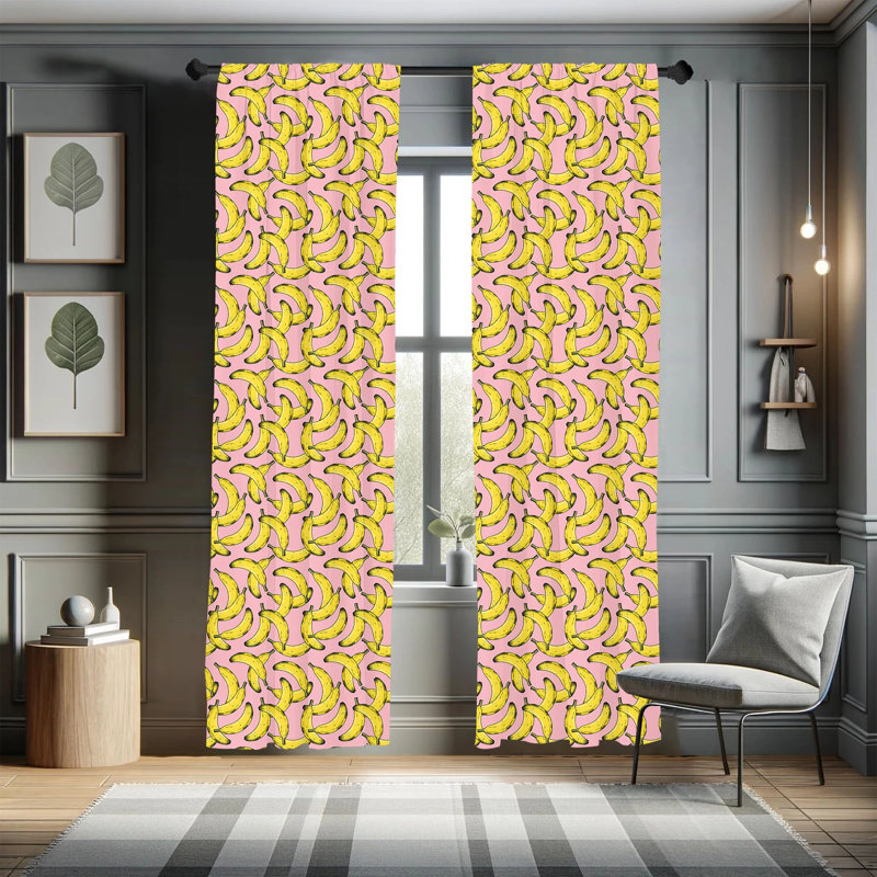Pink and Yellow Banana Print Polyester Curtain Panels, 28" x 63"