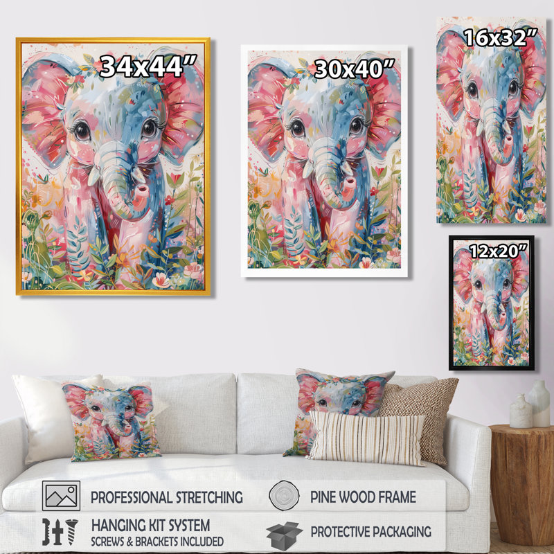 Pépinière gris, rose, magnifique éléphant I - éléphant, art mural, salon, Cadre flottant noir, H 24 po x l 32 po