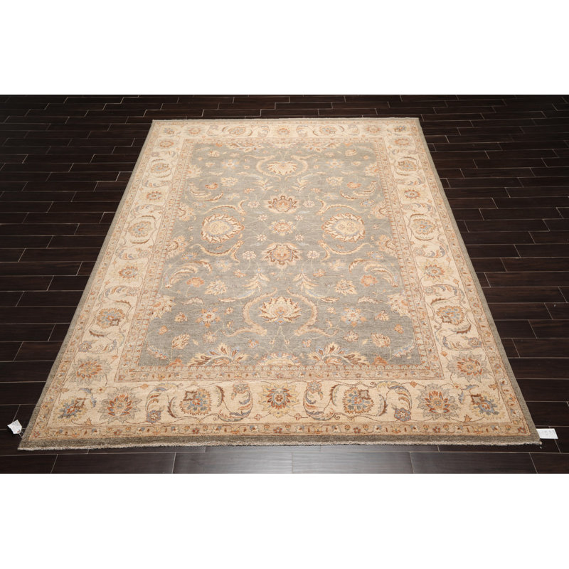 Tapis gris en laine noué à la main de conception unique 8 pi 10 po x 11 pi 10 po Feune