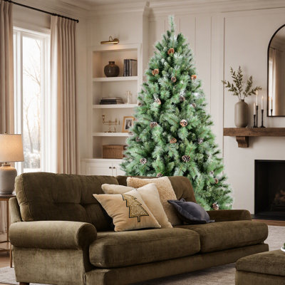 Realistic Full Holiday Tree With Hinged Structure And Pine Cones For Easy Festive Seasonal Home Decoration Setup