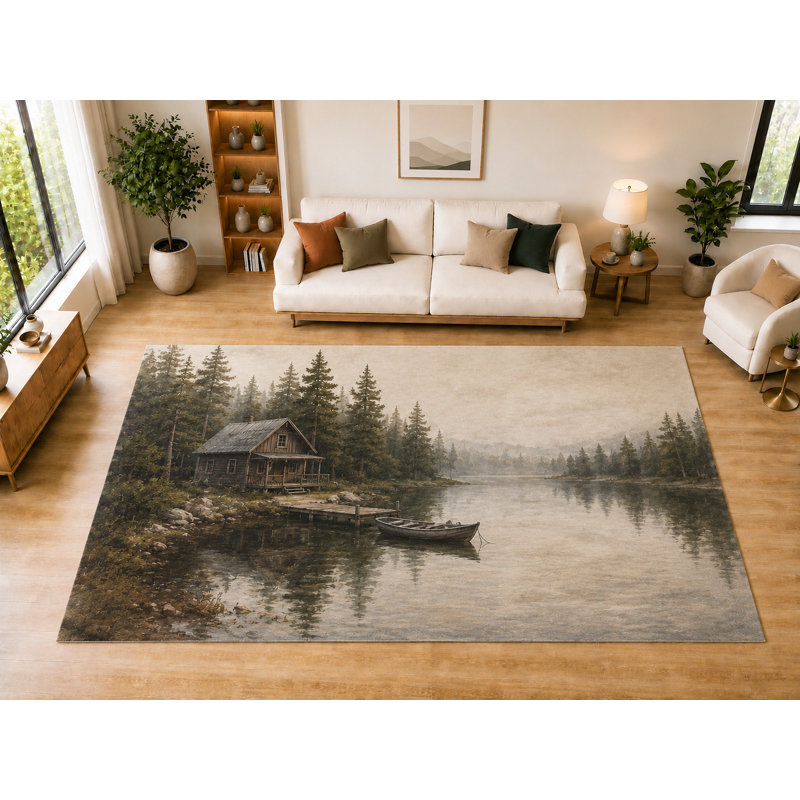 Tapis « ultra-léger » de 200 cm x 300 cm, motif cabane au bord du lac, idéal pour le salon, la chambre ou la salle à manger. Doux et à poils courts, envers antidérapant, marron-gris.