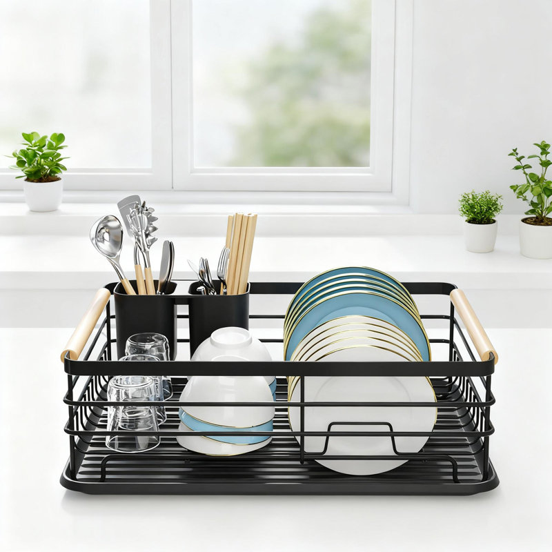 Petit support à vaisselle pour comptoir de cuisine avec poignées en bois et cadre en métal épaissi résistant à la rouille, aucun assemblage requis