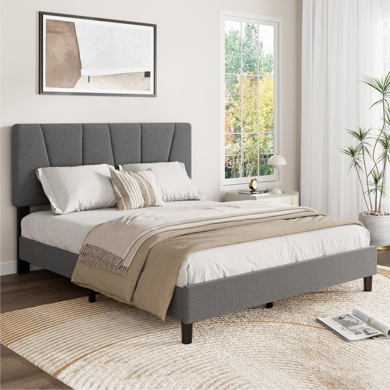 Queen Upholstered Platform Bed Frame with Adjustable Headboard, Strong Wooden Slats & Metal Legs, Noise-Free, No Box Spring Needed, Easy Assembly - Grey