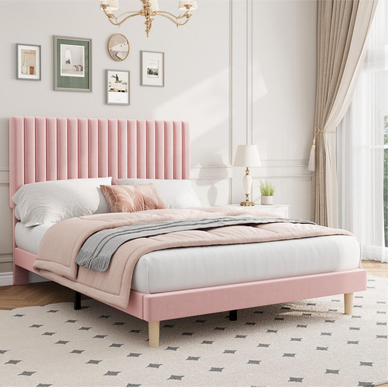 Bed Frame with 3-Level Adjustable Headboard, Full Bed Frame Vertical Channel Tufted, Velvet Upholstered Platform, Wooden Slats Support