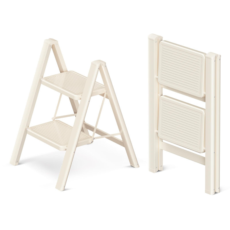 2 Step Stool for Adults, Folding Step Ladder with Secure Footing, Cream White