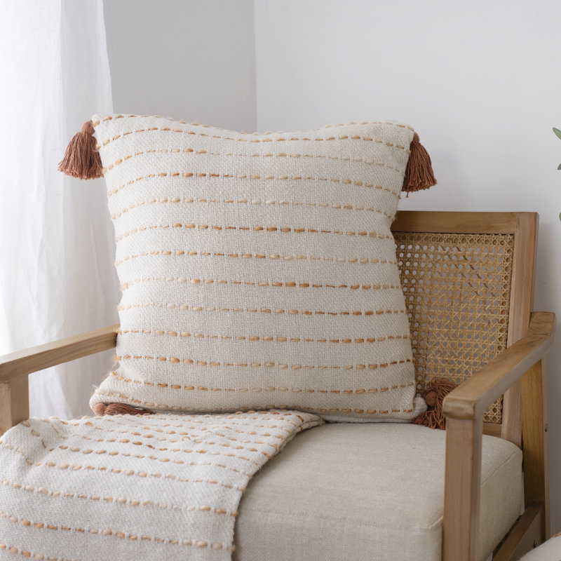 Oliver 20" Brown and Ivory Cotton Blend Tassel Throw Pillow