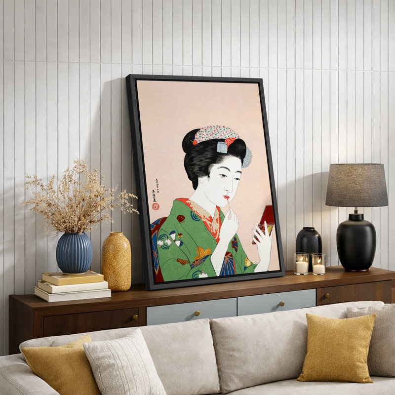 Œuvre japonaise Ukiyo-e Geisha avec miroir, élégantes photos de kimonos, impression sur toile encadrée, Cadre flottant noir