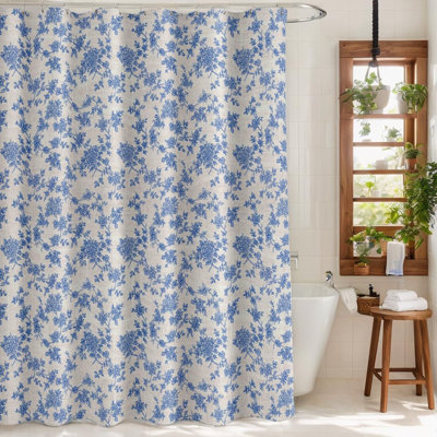 Linen Shower Curtain-Toile Cottage Core Farmhouse Country Neutral Botanical Bath Curtain for Bahtroom Decor 72x72inch, Blue Flower Beige Faux Linen