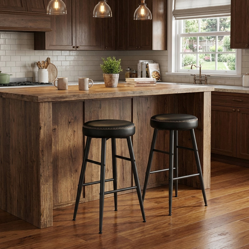 Tabouret Parmley, Similicuir noir / cadre noir, Tabouret de comptoir (siège d'une hauteur de 24,8