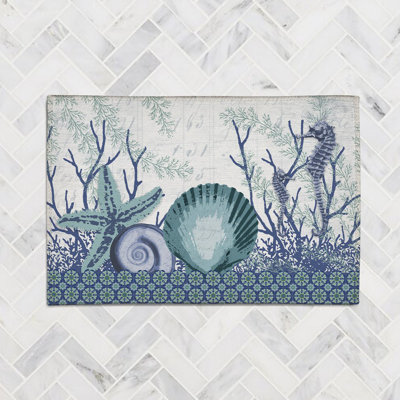 Laural Home Aquatic Seahorses And Sea Shells Chenille Rug In Blue