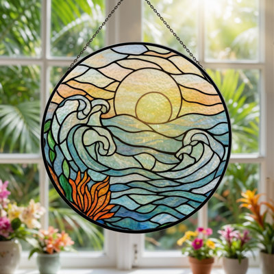 7.8"H Ocean Sunset Stained Glass Window Panel