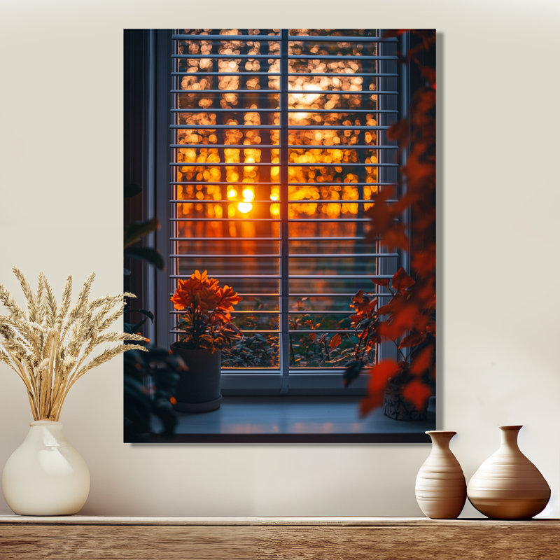 «Window In The Forrest Sunrest» - reproduction d'art traditionnelle en métal, décoration murale en métal pour fenêtre