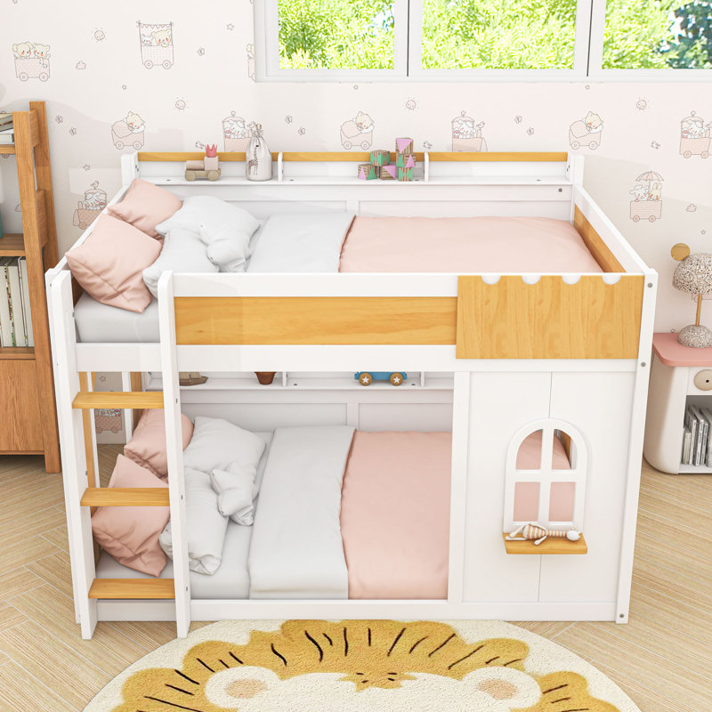 Lit superposé en bois avec tablettes de rangement intégrées, échelle et garde-corps, Lit superposé double sur double