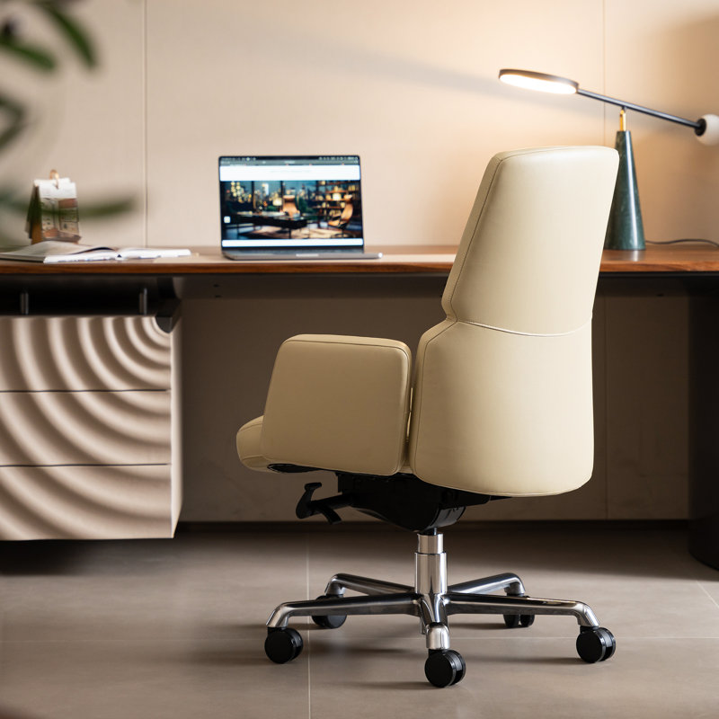 Executive Genuine Leather Office Chair with Wheels,Luxury Office Chair for Home and Executive Desk, Top Grain Leather Upholstery with Sturdy Aluminum Base,Comfy Armrest, Mid Back（Cream)