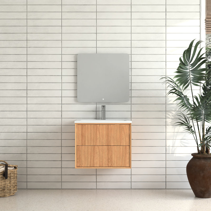 Meuble-lavabo flottant 24 po 24 po, en bois massif, à fixation murale, avec tiroirs, lavabo en résine blanche, conception américaine, armoire de largeur, lavabo rainuré, style,