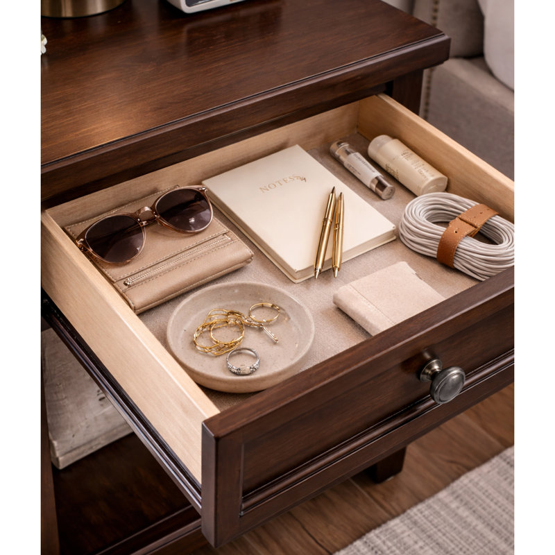  Table de bout avec tiroir et tablette ouverte Prescott, espresso