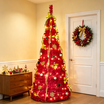 Pre-Decorated Retractable Red  Christmas Tree with UL Lights & Full Matching Ornament Kit