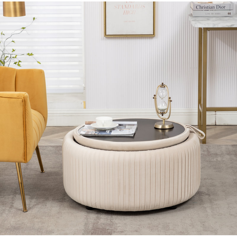 Savinien Upholstered Round Storage Ottoman, Beige Velvet