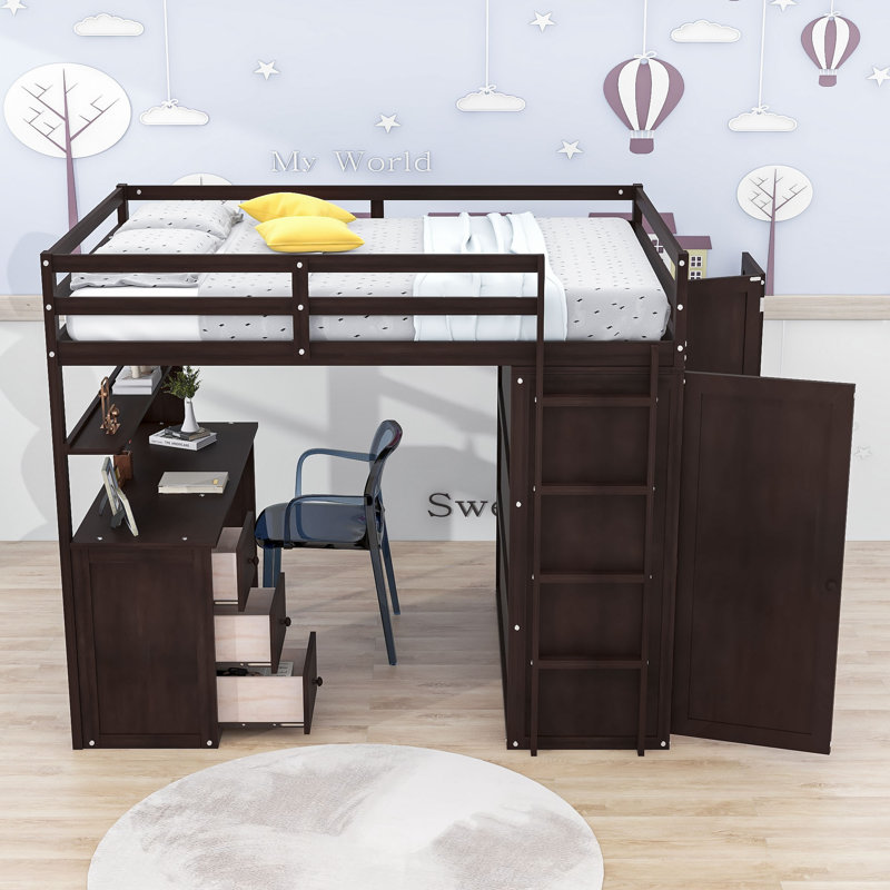Lit mezzanine avec tiroirs Heathyr Kids, Espresso, Lit double