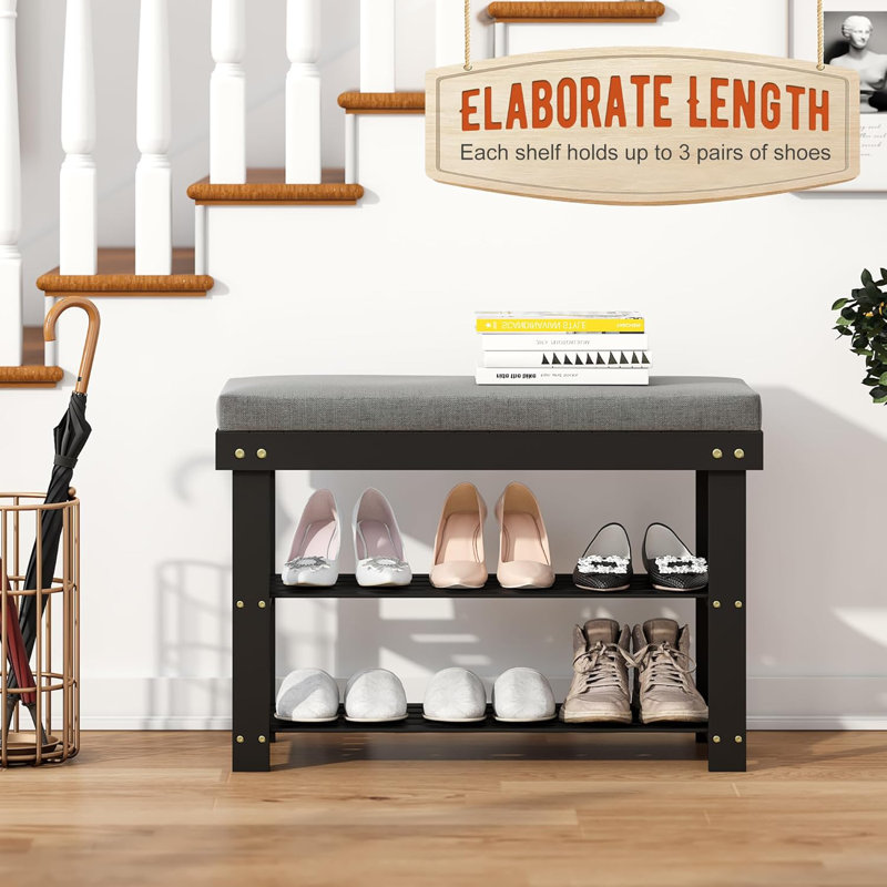 Bamboo Shoe Rack Bench, Storage Organizer with Padded seat, Black