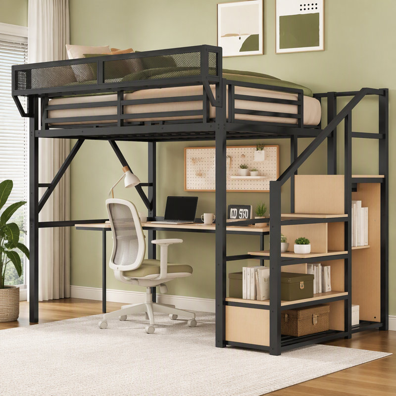 Lit mezzanine double en métal avec bureau, escalier, rangement, station de charge et lumières RVB pour les adolescents
