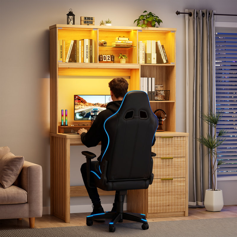 Bureau d'ordinateur moderne avec lampe de bureau coulissante et éclairage DEL intelligent, Jaune
