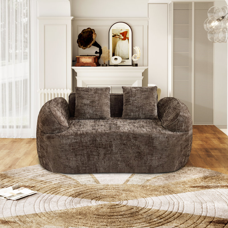 2-seater Curved Compressed Sofa, Upholstered Boneless Loveseat, Brown