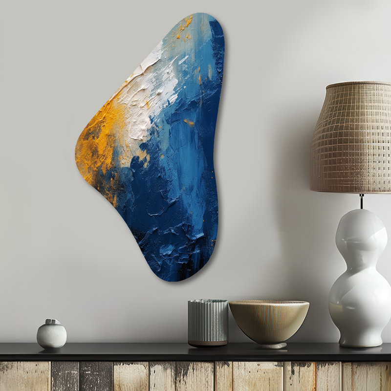 «Blue and Yellow Intuitive Expressions I» - forme irrégulière, art mural abstrait en métal, reproduction de sculpture murale asymétrique en métal