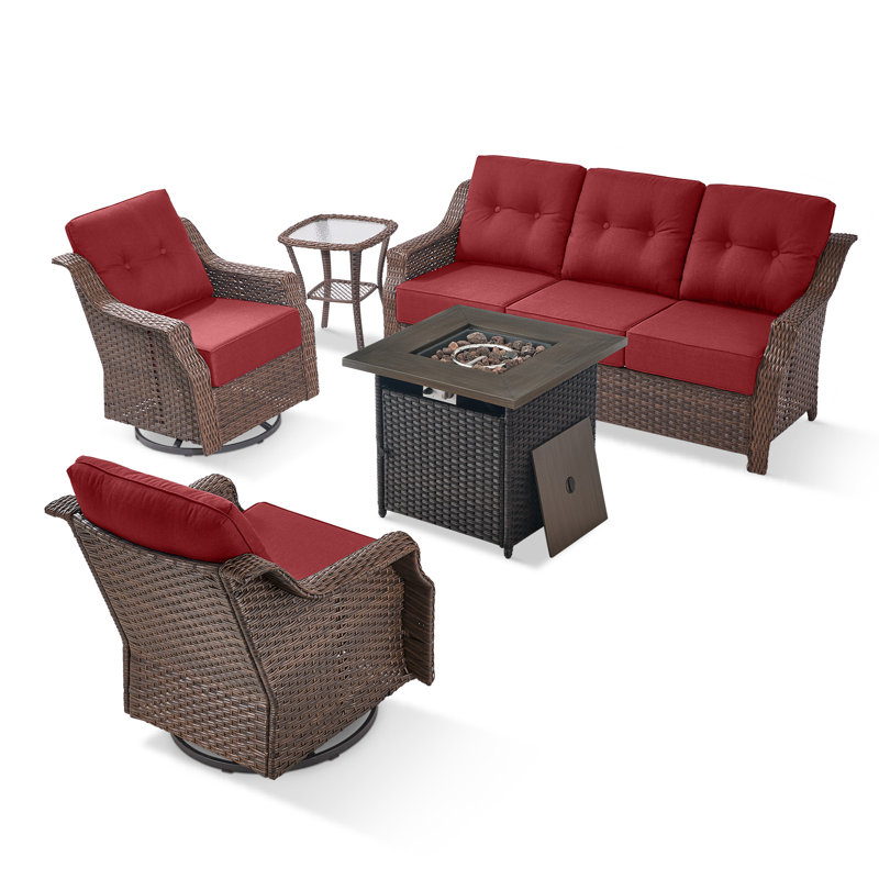 Lisandro 5-Piece All-Weather Outdoor Wicker Square Fire Pit Conversation Set With Swivel Gliders And Side Table For Patio＆Garden