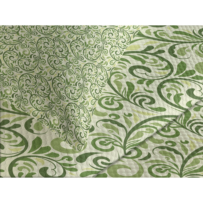 Green Damask King Size Polyester Bedspread Set