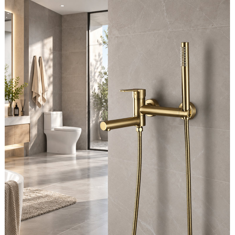 Wall Mount Tub Faucet with Handheld Shower, 90° Rotatable Spout Bathtub Tap, Brushed Gold