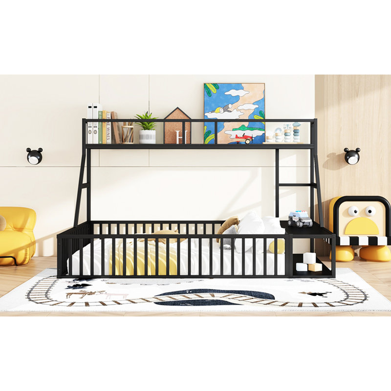 Lit de plancher pleine grandeur en métal pour jeunes avec clôture, bureau et rangement, noir, Lit double, Noir