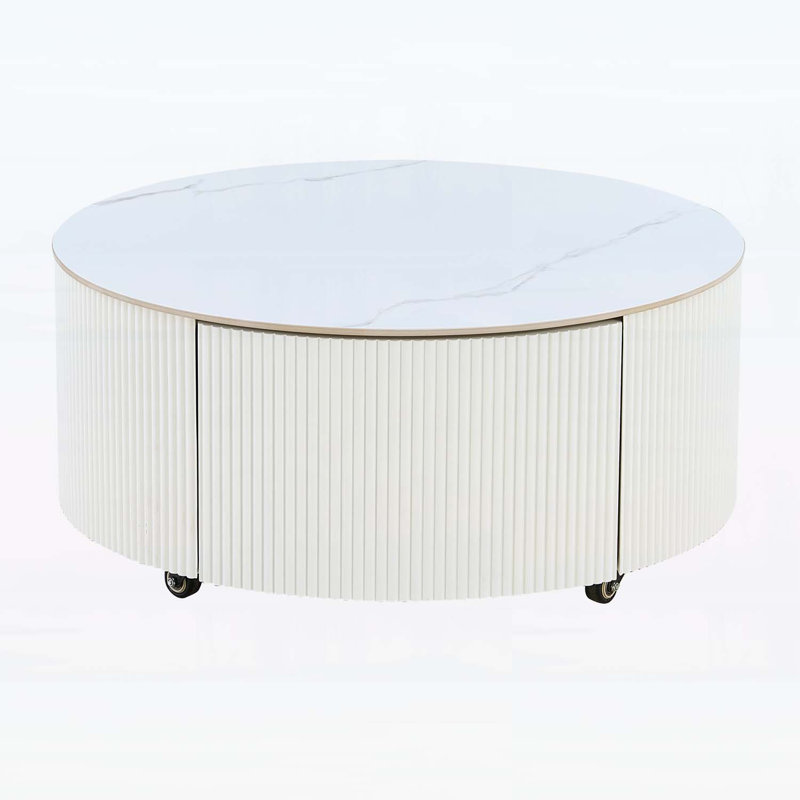 Table basse ronde moderne mobile avec roulettes, 2 tiroirs